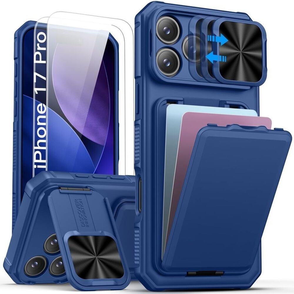 SSLOTSCASE iPhone 17 Pro Case 2X Screen Protector Kickstand Credit Card Holder